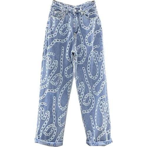 Aesthetic Jeans Women Chain Pattern Straight Denim Trousers Streetwear Hip Hop Cotton Loose Grunge Pants Harajuku Cowboy Pant