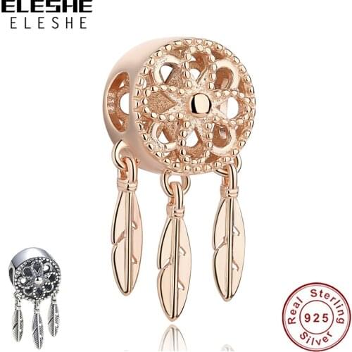 ELESHE 100% 925 Sterling Silver Charm Bead Rose Gold Dreamcatcher Pendant Charms Fit Original Bracelet&Necklace DIY Jewelry
