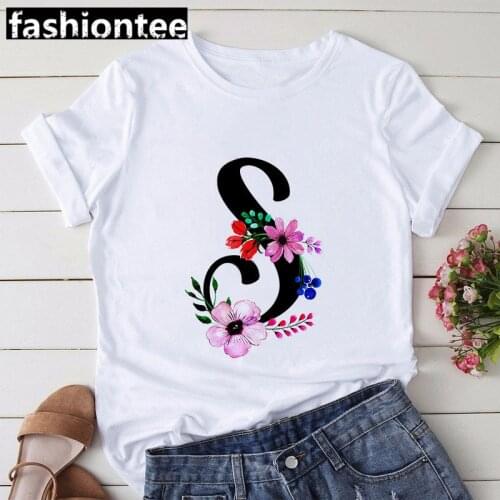 FIXSYS Women 26 Letters Floral Print T-shirt Aesthetics Graphic Short Sleeve Cotton T Shirts Female Summer Fashion Tops Tee
