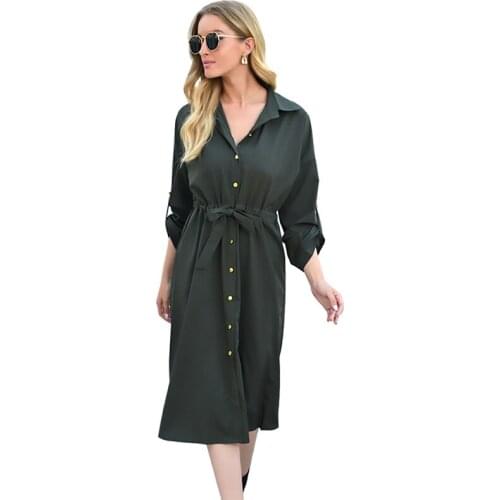 Summer Women Casual Loose Single Breasted Dress Turn Down Collar Long Sleeve Office Ladies Plus Size Midi Dress