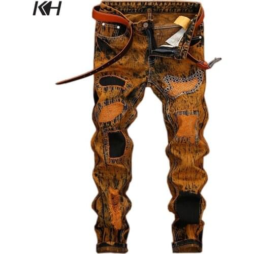 KH Mens Fashion European and American Embroidery Holes Patch Skinny Jeans Mens Slim Straight Casual Vintage Denim Pants