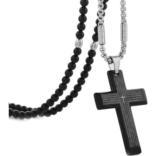 Men Cross Necklace Stainless Steel Black Crucifix Bible Prayer Pendant Necklace Black Agate Necklace 27 inch Chain
