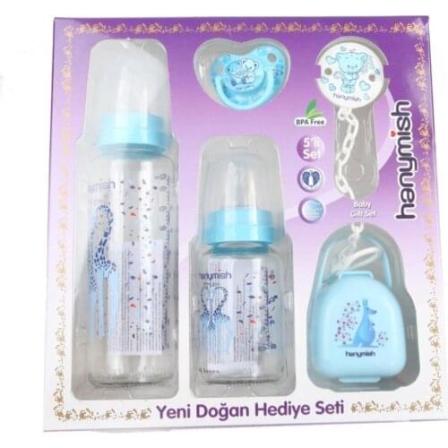Blue 5'li Glass Baby Bottle Nipple Set Gift Set Baby Nutrition Male Child