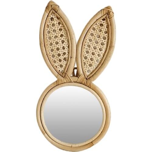 Wall Hanging Mirror Handmade Decorative Rabbit Ears Mirror Rattan Makeup Mirror For Home Decoration Bedroom Bathroom