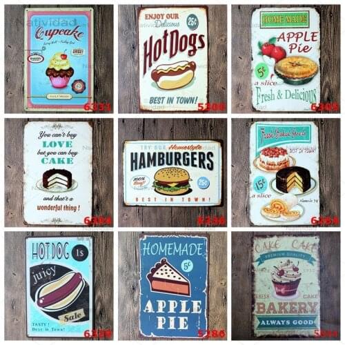 New Kitchen Decorative Plates Fast Food Cakes Metal Signs Restaurant Painting Sticker Hamburgers Diner Hot Dogs Metal Wall