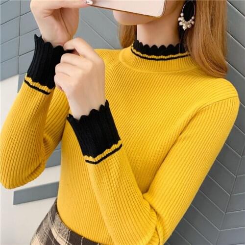 Autumn and winter new womens half high neck color matching slim bottomed sweater short tight sweater Pullover