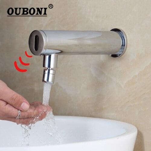 OUBONI Chrome Polished Automatic Touch Free Bathroom Sensor Faucet Wall Mounted Water Saving Inductive Electric Power Cold Tap