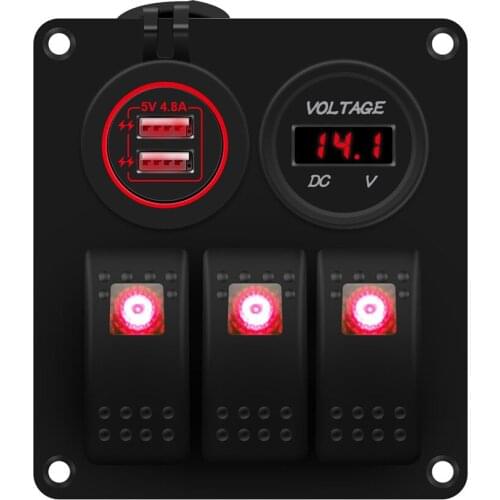 12V /24V Rocker Switch Panel 3 Gang Switch Panel with Digital Voltmeter 4.8A Dual USB Charger for Boat Marine Car Rv