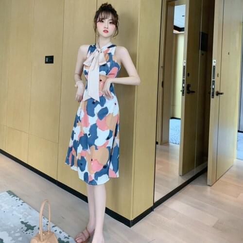 2020 Summer Bow Collar Sleeveless Sexy Party Dress High-end Women Dress Streetwear Print a Line Dress Vacation Vintage Vestidos