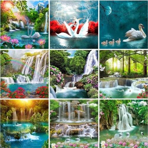 Full Square 5D Diy Diamond Painting Landscape Tree Waterfall Diamond Embroidery Swan Cross Stitch Rhinestone Mosaic Home Decor