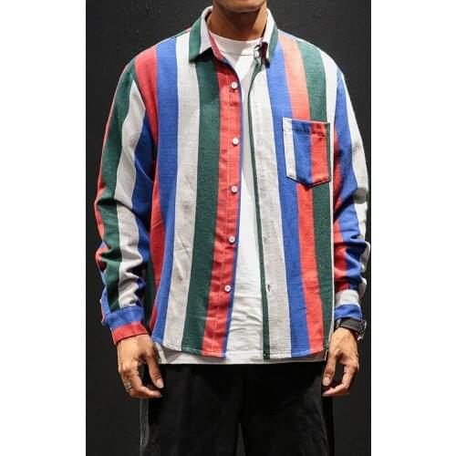Fashion Mens Casual Shirt Top Vertical Striped Shirt Loose Large Size Hip Hop Street Mens Shirt Cotton Linen Mens Clothes