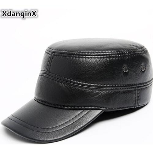 XdanqinX Adjustable Size Mens Flat Cap Genuine Leather Hat Autumn Winter Sheepskin Warm Military Hats With Ears New Brands Caps