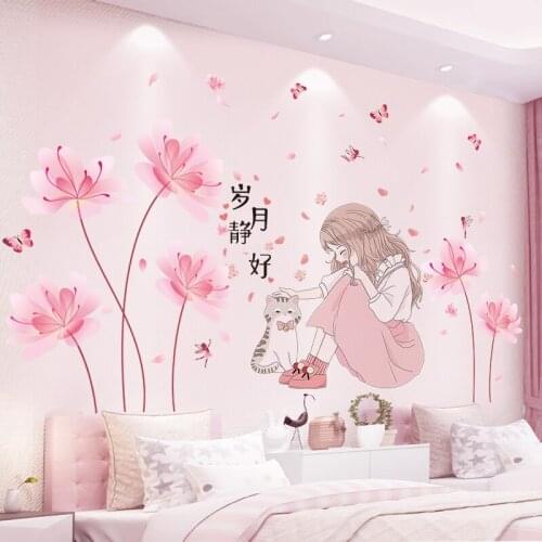[shijuekongjian] Cartoon Girl Wall Stickers DIY Flower Plants Wall Decals for Kids Bedroom Baby Room Kitchen House Decoration