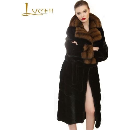 LVCHI Winter 2019 Import Sable Real Mink Fur Coats Womens With Sashes Mink Coat Full Pelt Turn-Down Collar X-Long Mink Coats