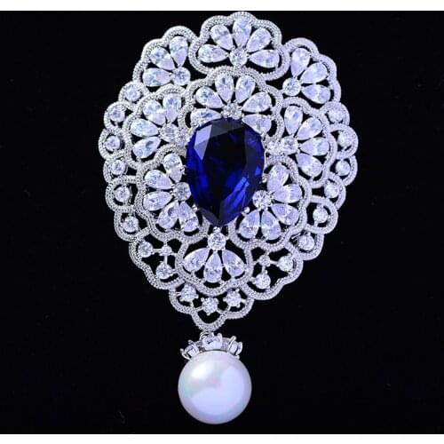 Vintage Big Blue Zircons Crystal Brooches Pins for Women Wedding Bridal Bouquets Jewelry Accessories Elegant Dangle Broches Pin