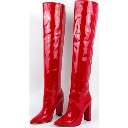Women Patent Leather Thick High Heels Over-the-Knee Boots Plue Size 34-43 New Brand Red Pointed Toe Ladies Shoes Western Boots