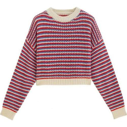 Women Long Sleeve O Neck Stripes Knitted Sweater Autumn Short Knitwear Pullover