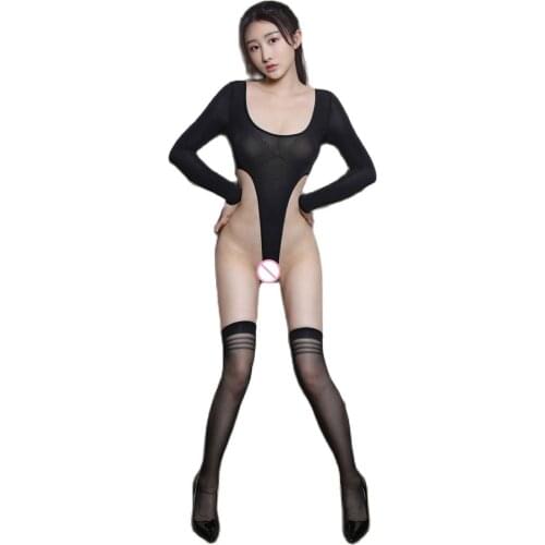 Fad Cosplay Women Two-Piece Suit Open Crotch High Cut Bodysuit With Stockings Nightgown Long Sleeve Crotchless Swimwear Sukumizu