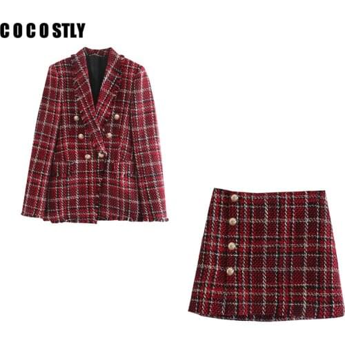 New 2021 Spring Autumn Vintage Tweed Plaid Blazer Feminino Blazer Women Set A-line Mini Skirt Set Women Faldas Two Pieces Sets