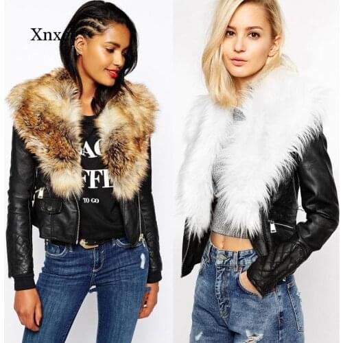 Zipper Pu Faux Leather Women Short Coat Imitation Fur Collar Stitching Jacket Motorcycle Coats Autumn Winter Female Clothing