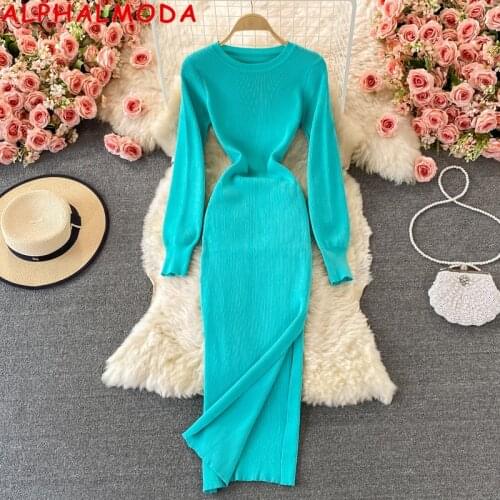 ALPHALMODA New Autumn Winter Candy Color Long-sleeved Pullover Side Split Women Sexy Knitting Dress Slim Fitness Chic Vestidos