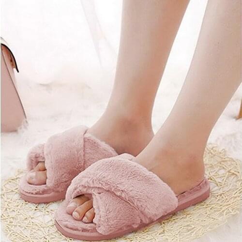 Winter Women House Slippers Faux Fur Fashion Warm Shoes Woman Slip On Flats Female Slides Black Cozy Home Furry Slippers