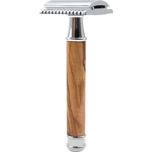 Double Edge Safety Razor with Long Natural Wooden Handle Shaving Razor