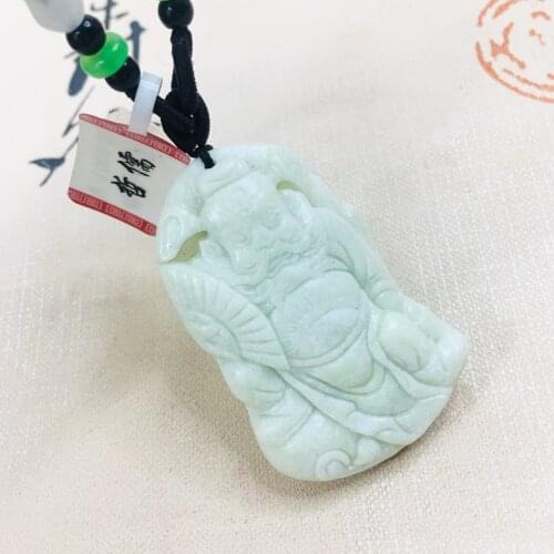 Zheru Natural Hetian Green Jade Carving Demon Man Pendant with Wooden Bead Necklace Men and Women Sweater Chain