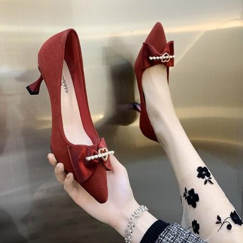 Elegant Bowknot Rhinestone Womens Single Shoe Cover Foot Spring And Autumn Hot Sale Sexy Temperament High Heels Trend