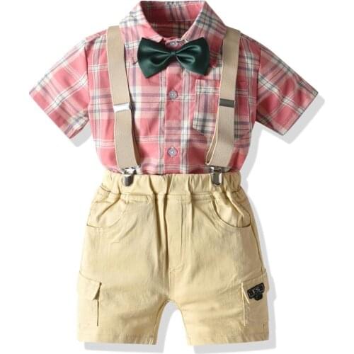 Kids Boy Clothes Toddler Infant Baby Outfit Plaid Pocket Jackets Shirt+ Khaki Short with Belt Pants Summer Children Clothes Set