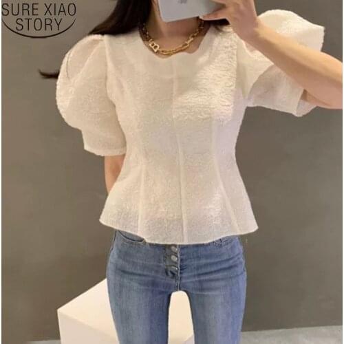 Korea Chic Puff Sleeve Round Neck Crochet Shirt Women Blosue White Short Sleeve Blouses Office Lady Tops Slim Clothes 13945