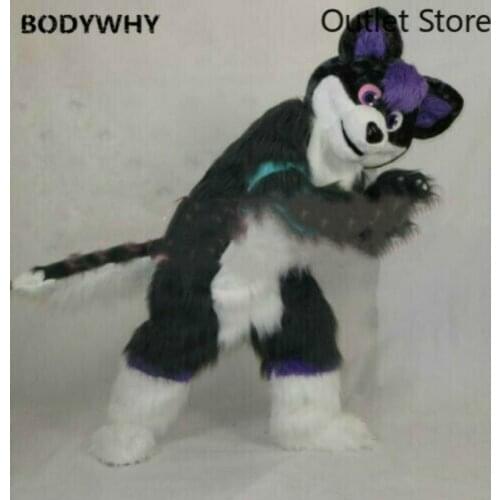 Black Fursuit Long Fur Husky Fox Dog Mascot Costume Party Cosplay Cartoon Dress Outfit Carnival Halloween Xmas Easter Ad Clothes