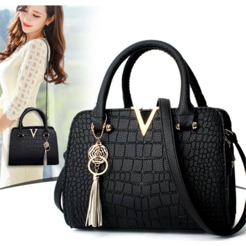 Fashion Women Handbags Tassel PU Leather Totes Bag Top-handle Embroidery Bag Shoulder Bag Lady Simple Style Crocodile pattern