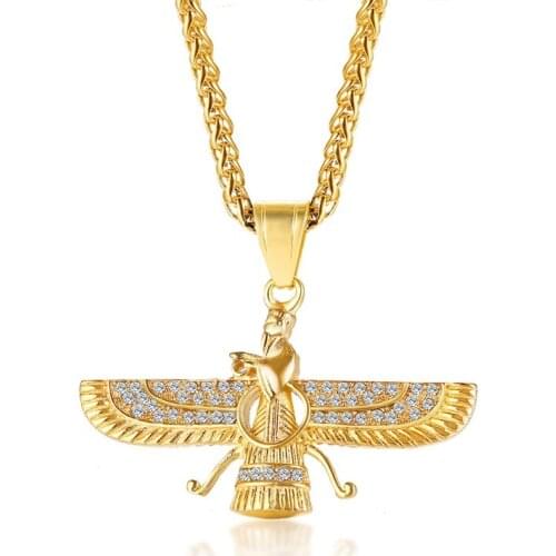 2019 New Arrival Exotic Style Titanium steel Inlay With Shiny Rhinestones Zoroastrian Symbolic Symbol Fine Necklace Accessories