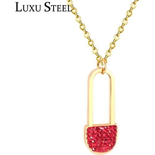 LUXUSTEEL Lock Necklace Female Accessories Stainless Steel Red Crystal Pendant Necklace Collars Choker Accessories Party