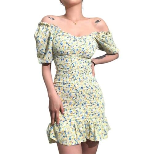 Sexy Women Summer Floral Dress Adults Off-shoulder Ruffled V-neck Short Sleeve Polyester Casual Dresses