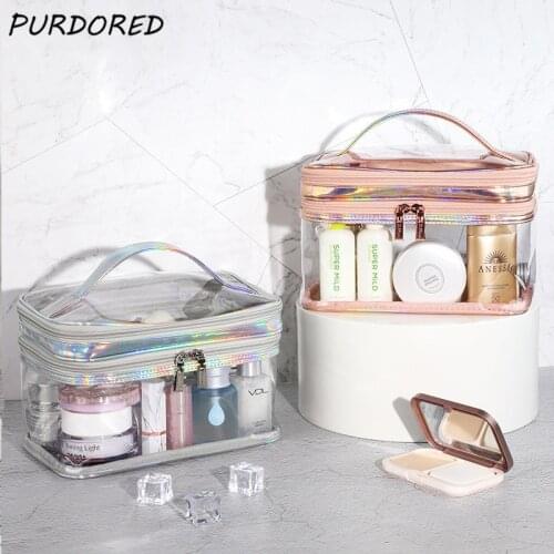 PURDORED 1 Pc 2 Layers Clear Makeup Bag for Women Waterproof PVC Cosmetic Bag Travel Makeup Organizer Beauty Case Toiletry Kit