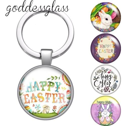 Happy easter day Lovely Rabbit easter eggs round glass cabochon keychain Bag Car key chain Ring Holder Charms keychains Gifts
