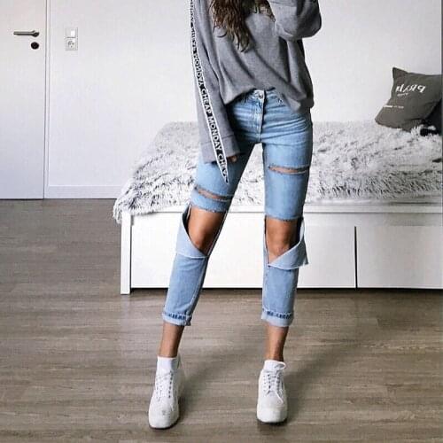 2020 Spring and Summer High Waist Loose Straight Jeans Women Denim Pants Knee Holes Washed Street Style Ripped Jeans for Women