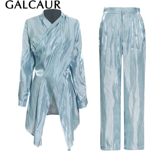 GALCAUR Plain Fold Pleated Womens Suit V Neck Long Sleeve Top High Waist Wide Leg Pants Female 2021 Spring Clothing Fashion New