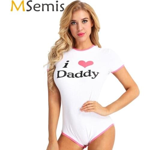Women Adult Babies Bodysuit Sexy Press Button Crotch I Love Daddy Letter Printed Teddy Rompers Naughty Cosplay Babydoll Jumpsuit