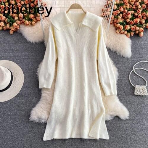 2021 New Spring Autumn Vintage doll collar long sleeve knitted Dress high waist solid color loose leisure mid-long A-line Dress