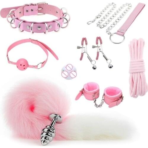 1Set Sex BDSM Collar Handcuff Chain Slave Rope Bondage Butt Plug Nipple Clips Kit Fetish SM Toys for Women Couples