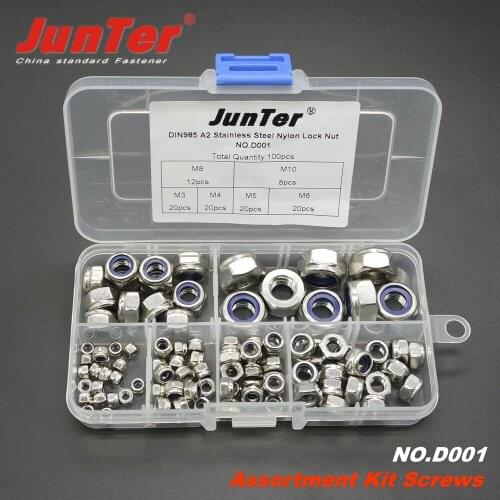 100pcs M3 M4 M5 M6 M8 M10 DIN985 A2 Stainless Steel Nylon Lock Nut Metric Assortment Kit NO.D001