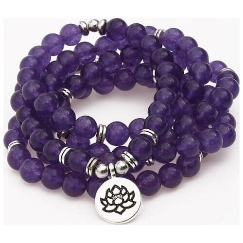 Purple 108 beads 8mm elastic adjustable Lotus life tree Buddha OM eye Chakra Reiki agate Onyx Yoga Bracelet necklace yij354