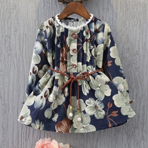 2018 spring clothes for baby girls long sleeve party dress 2-8 years a-line floral print navy blue children girl toddler dresses