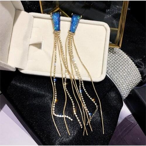 2021 Fashion trend wild jewelry Crystal from Swarovskis 925 silver needle blue crystal long tassel show face thin earrings