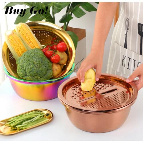 3PCS/Set Stainless Steel Gold Vegetable Slicer Potato Peeler Round Bowl Strainer Basket Set Kitchen Utensils Carrot Onion Grater