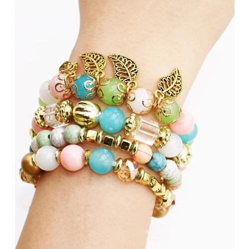 4Pcs/Set Bohemia Handmade Colorful Beaded Bracelet Girls Daily Wear Charm Acrylic Bangle Leaf for Women Gypsy Party Jewelry