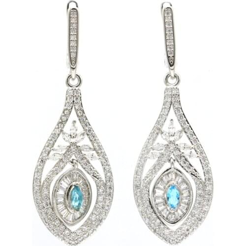 51x17mm Bohemia Design Long Paris Blue Topaz Morganite CZ Sister Silver Earrings Wholesale Drop Shipping